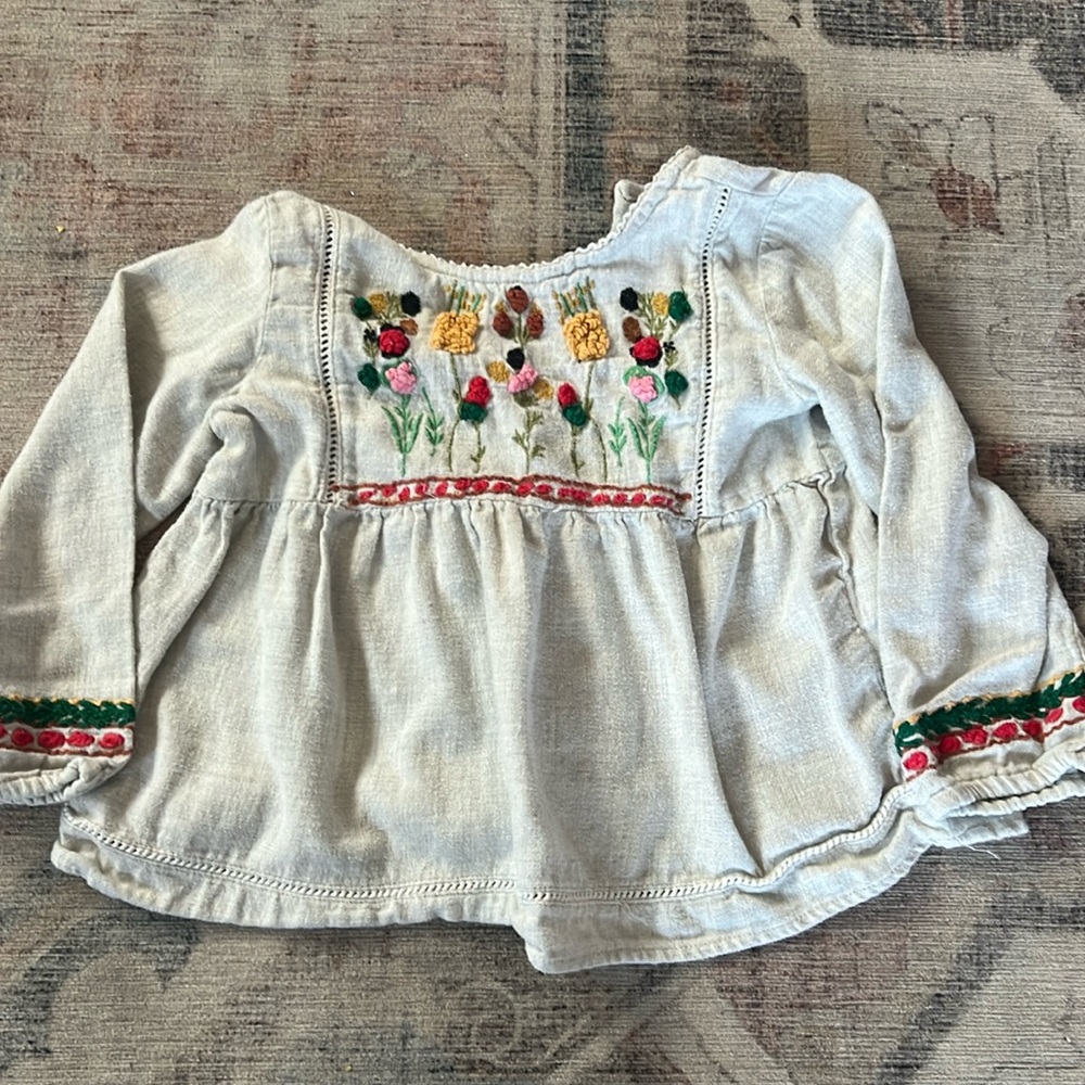 Zara Cream Embroidered Floral Long Sleeve Top, Size 18-24M